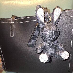 Crystal AB Bunny Keychain - Black & Gunmetal PU Check Pattern Charm